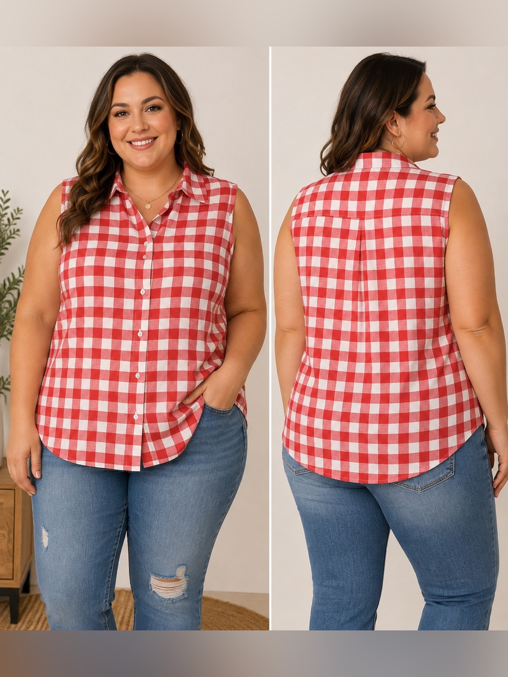 Faded Glory 3X Plus Size Red and White Gingham Sleeveless Shirt 100% Cotton